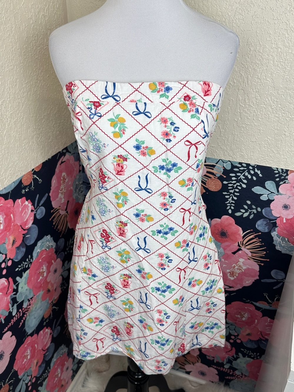 Jessica Simpson Cotton Bow Floral Print Strapless Mini Dress Size Medium